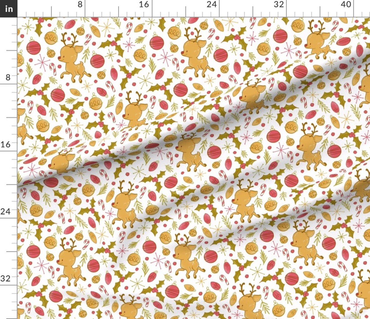 Cute Reindeer Christmas Holly Branch Ornament Berry Candy Cane Mid Century Modern Custom Printed Fabric by Spoonflower Various Fabrics by the Yard or Fat Quarter